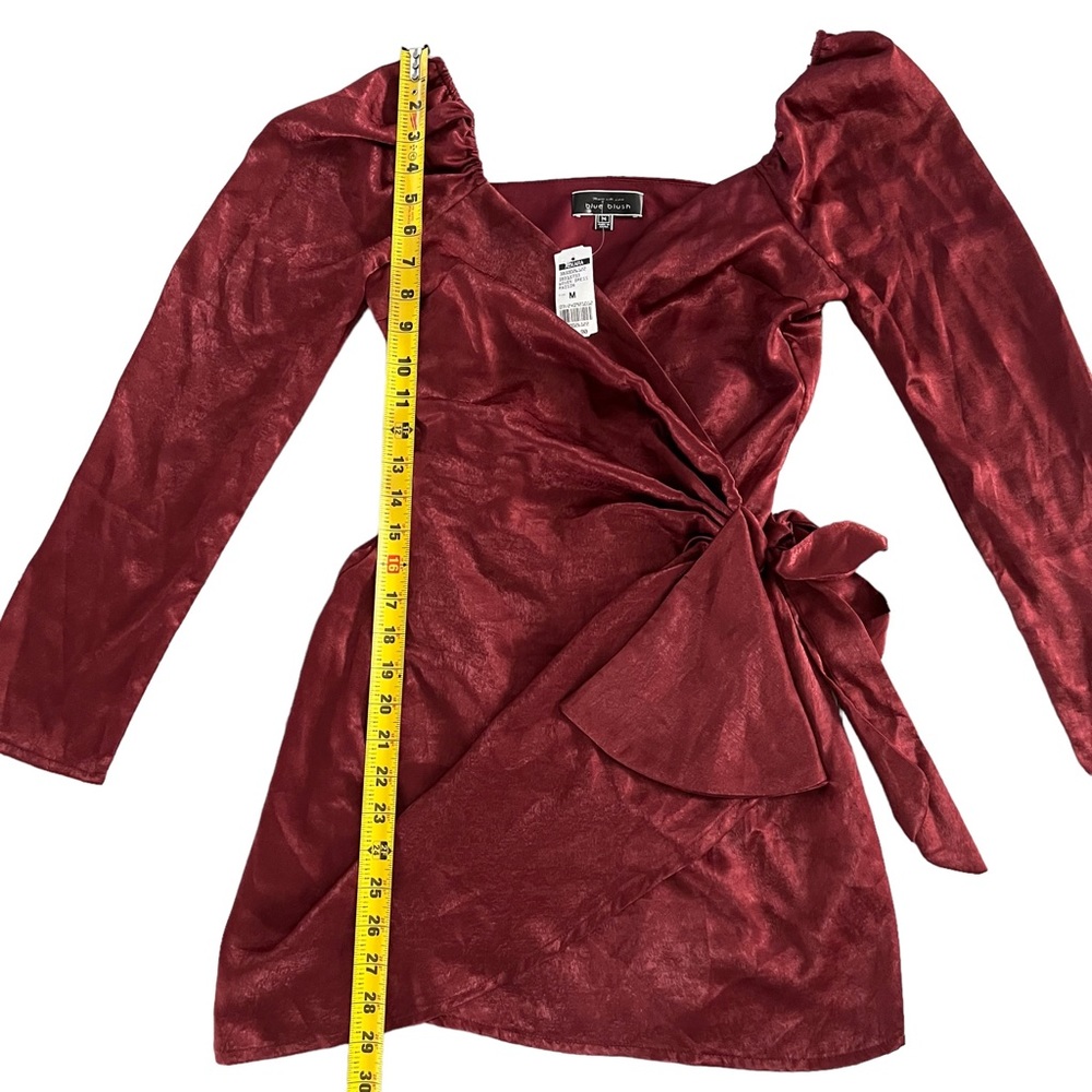 Blue Blush NWT Satin Wrap Dress With Waist Tie Wrapped Long Sleeve - V Neck Sz M - Picture 6 of 9
